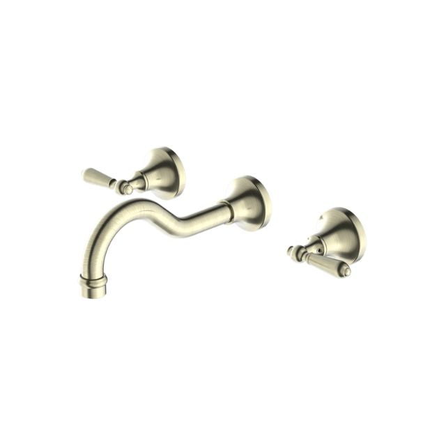 Nero York aged brass wall basin set with metal lever handles, three-piece wall-mounted tapware, angled view
