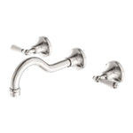 Nero York wall basin set in brushed nickel, with round wall taps, spout and metal lever handles on white background