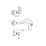 Nero York wall basin set technical drawing, brushed nickel 3 piece tap with metal lever and 224mm spout reach