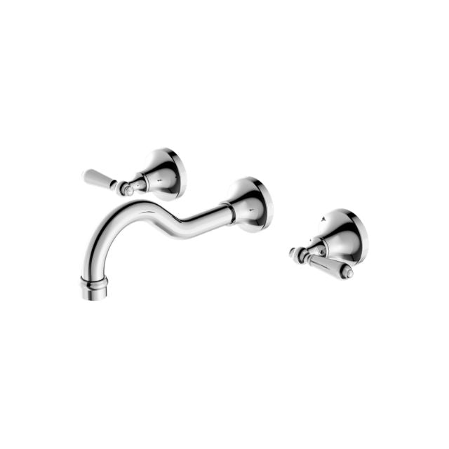 Nero York chrome 3 piece wall basin set with metal lever handles and curved spout