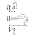 Nero York matte black wall basin set technical drawing showing spout and metal lever handles with dimensions