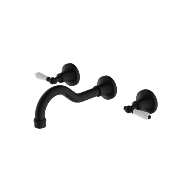 Nero York matte black wall basin set with white porcelain lever handles and curved spout, three-piece tapware set