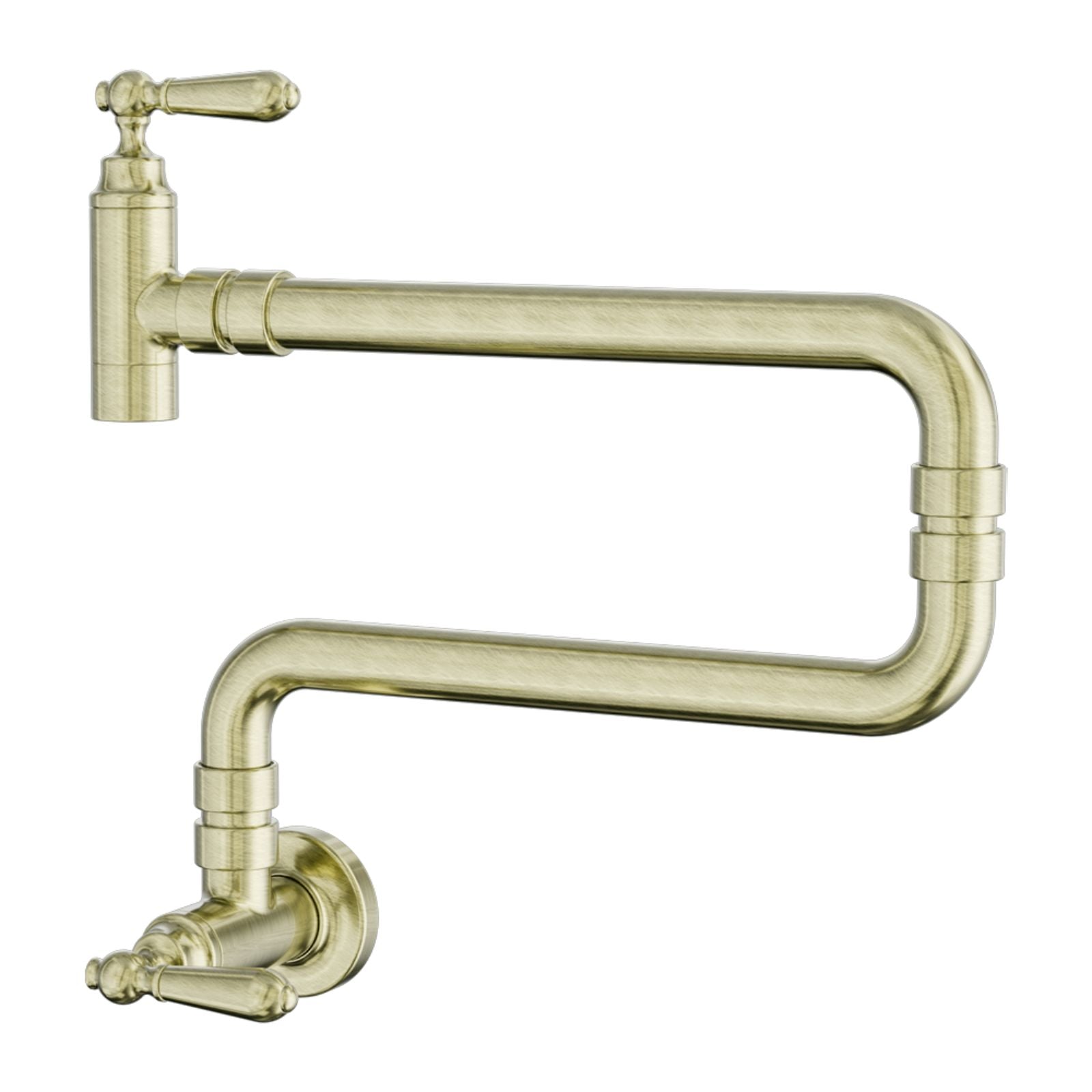 Nero York wall mounted pot filler tap in aged brass, side view with dual shut-off valves and long folding arm