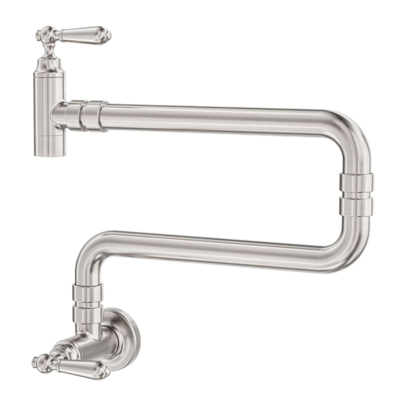 Nero York wall mounted pot filler in brushed nickel, shown folded open with dual shut-off valves on white background