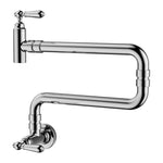 Nero York wall mounted pot filler tap in chrome, with dual folding arms and traditional lever handles on white background