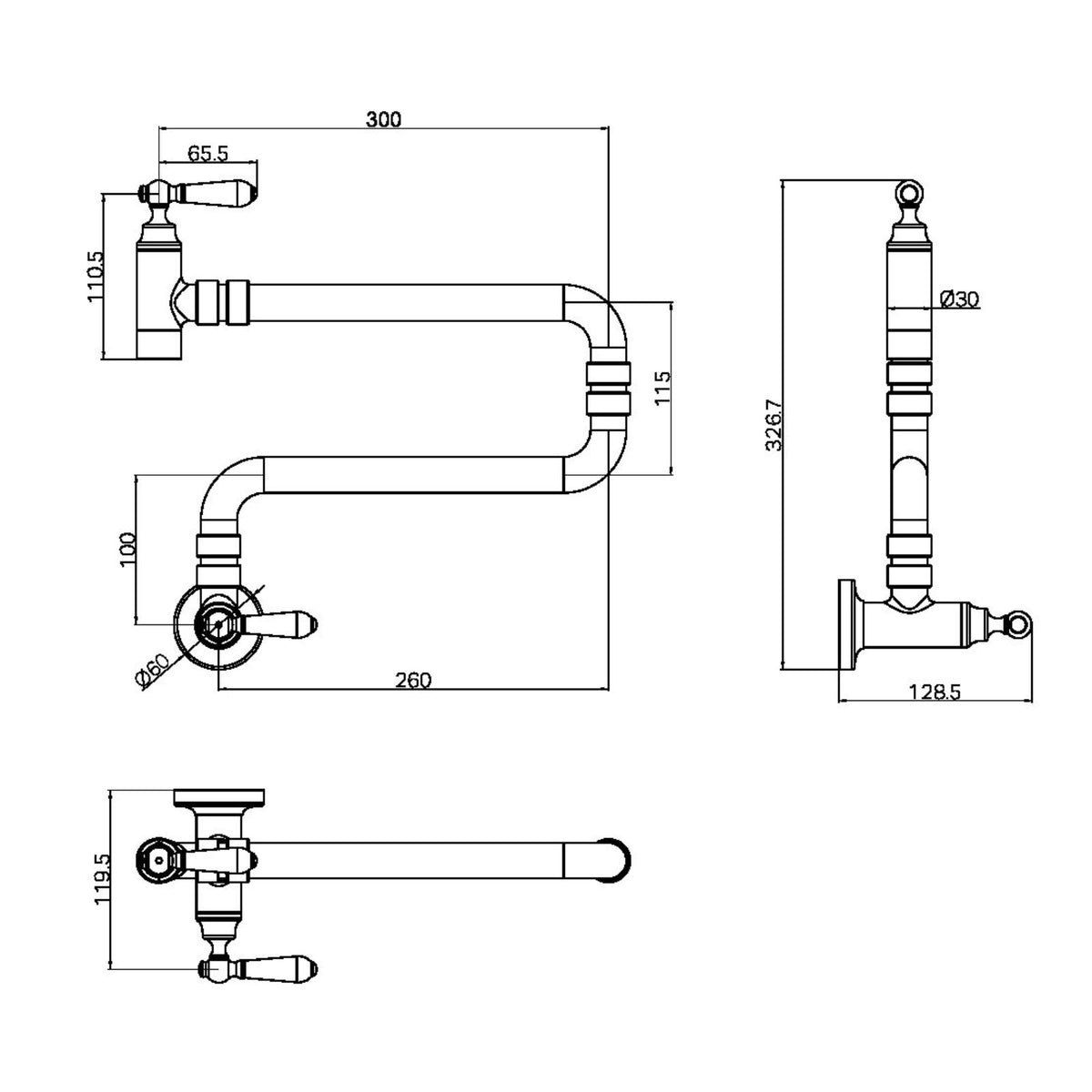 Nero York chrome wall-mounted pot filler technical drawing, showing dimensions and side views