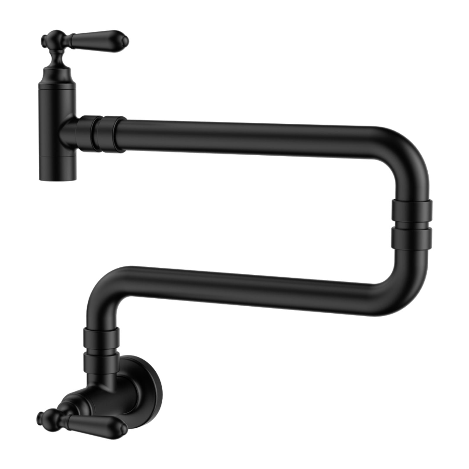 Nero York wall-mounted pot filler tap in matte black, with dual swing arms and round wall plate