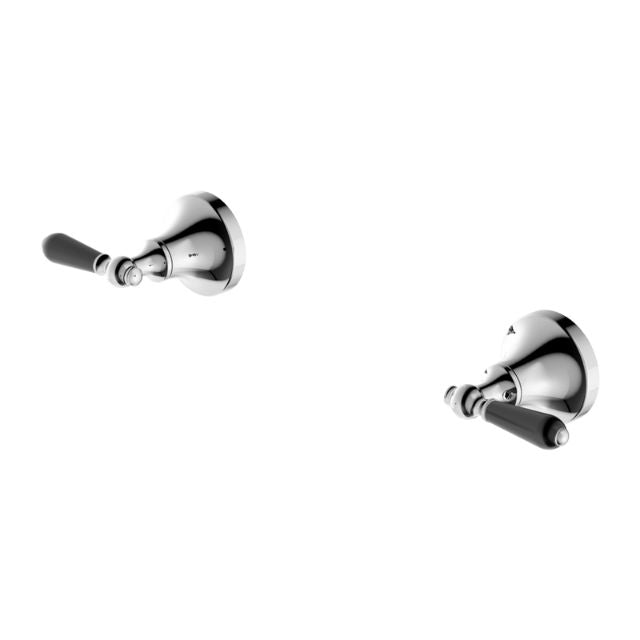 Nero York chrome wall top tap assemblies with black porcelain lever handles, shown as a pair on white background