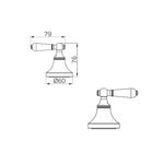 Nero York wall top assemblies in aged brass, shown in technical drawing with dimensions and lever handle views