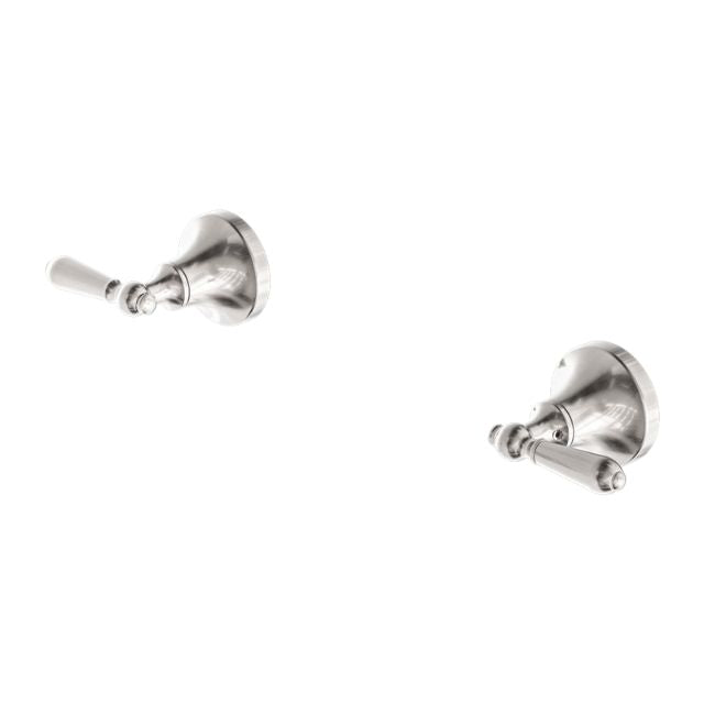 Nero York wall top assemblies with metal lever in brushed nickel, pair of wall-mounted tap handles on white background