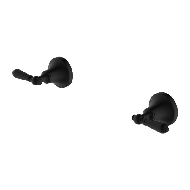 Nero York matte black wall top taps with metal lever handles, shown as a pair on white background