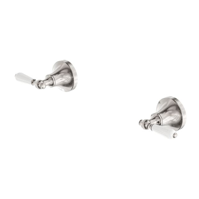 Nero York wall top assemblies in brushed nickel with white porcelain lever handles, shown in two angles on white background