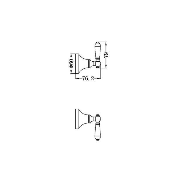 Nero York wall top assembly technical drawing in brushed nickel with white porcelain lever, showing dimensions and side view