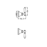 Nero York wall top assembly technical drawing in chrome with white porcelain lever, showing dimensions and side view