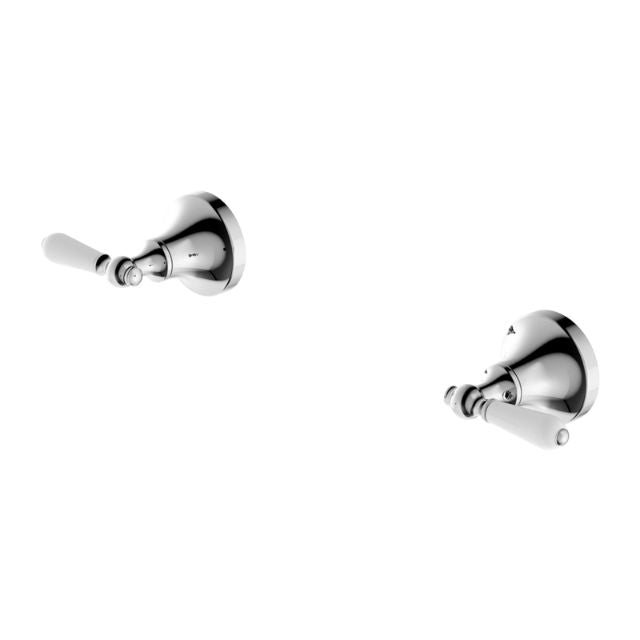 Nero York wall top assemblies with white porcelain lever in chrome, shown as a pair on white background