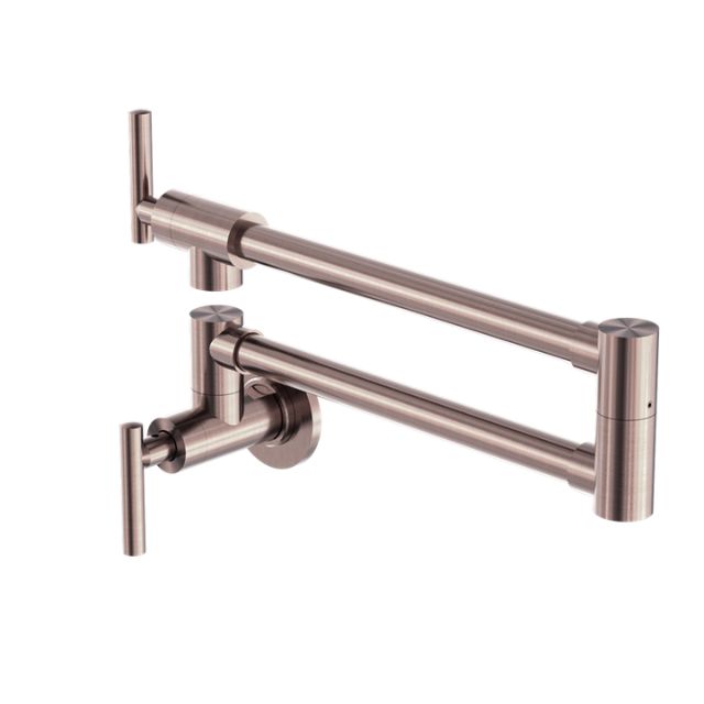 Nero Zen wall-mounted pot filler tap in brushed bronze, shown folded and extended on white background