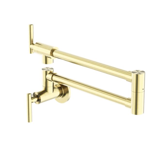 Nero Zen brushed gold wall-mounted pot filler tap with fold-out dual spout arms for kitchen cooktops