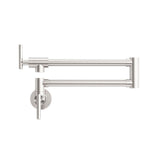 Nero Zen brushed nickel wall-mounted pot filler tap, folded side view with dual articulated arms and round backplate