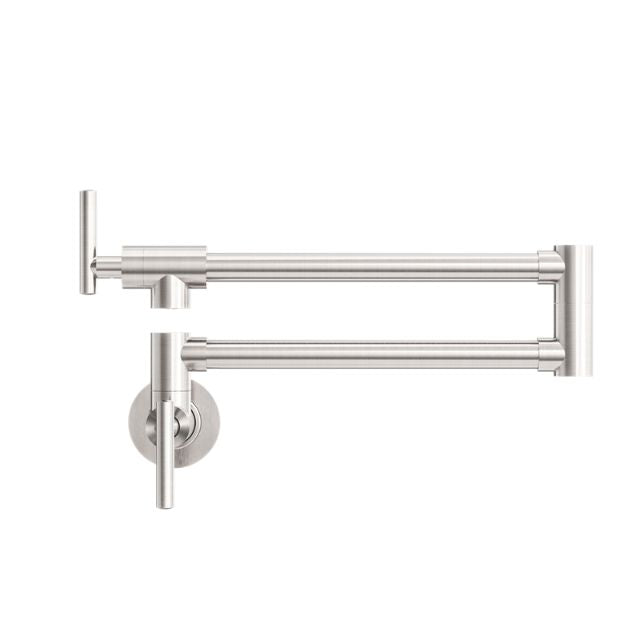 Nero Zen brushed nickel wall-mounted pot filler tap, folded side view with dual articulated arms and round backplate
