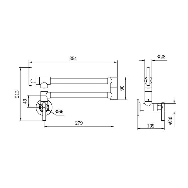 Technical drawing of Nero Zen wall mounted pot filler tap in brushed nickel, showing folded side and front dimensions