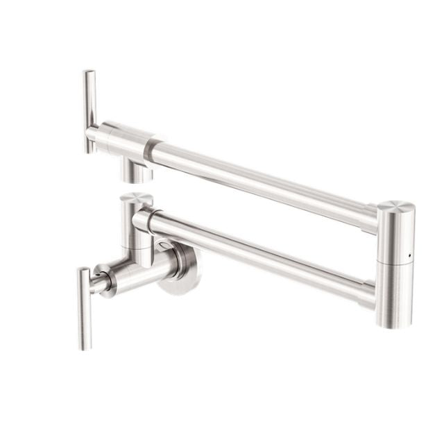 Nero Zen wall-mounted pot filler tap in brushed nickel, folded out in stainless steel with twin articulated arms