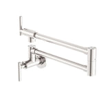 Nero Zen wall-mounted pot filler tap in brushed nickel, folded out in stainless steel with twin articulated arms