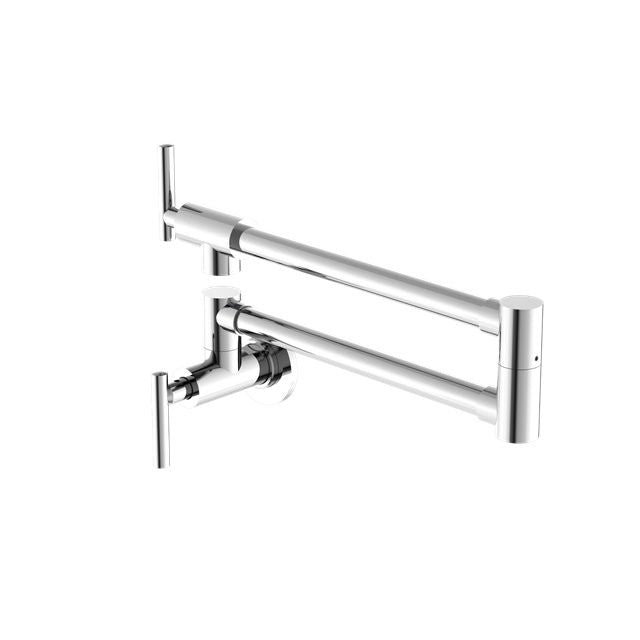 Nero Zen chrome wall-mounted pot filler tap with foldable arm and twin lever handles, shown on white background