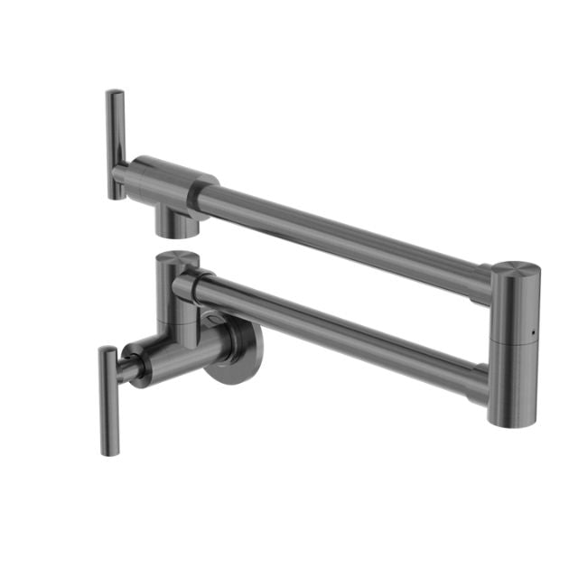 Nero Zen graphite wall-mounted pot filler tap in 316L stainless steel, shown folded and extended in a side view.