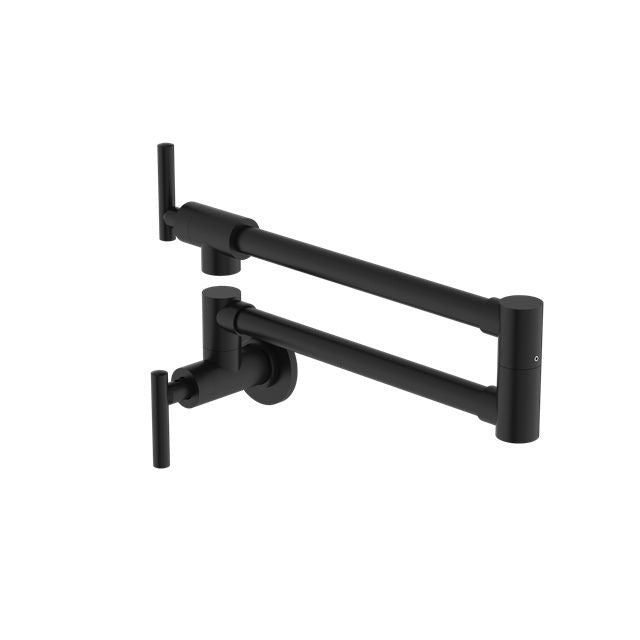 Nero Zen wall-mounted pot filler tap in matte black, folded compact with dual swing arms and round base plate on white background