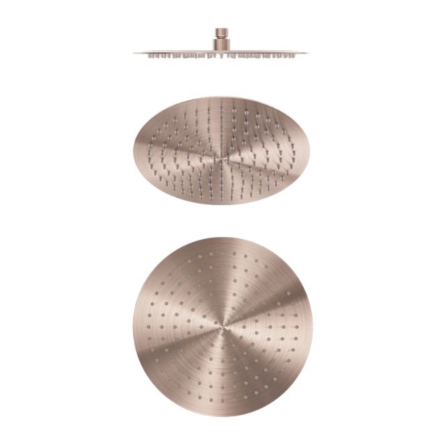 Nero Zen 300mm round shower head in brushed bronze, 316L stainless steel, shown front and side views on white background