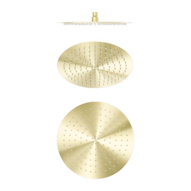 Nero Zen 300mm round shower head in brushed gold, shown front and side views with single spray nozzles