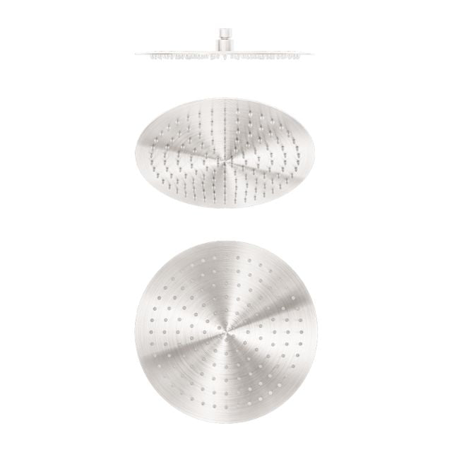 Nero Zen 300mm round shower head in brushed nickel, stainless steel, shown front and side views on white background