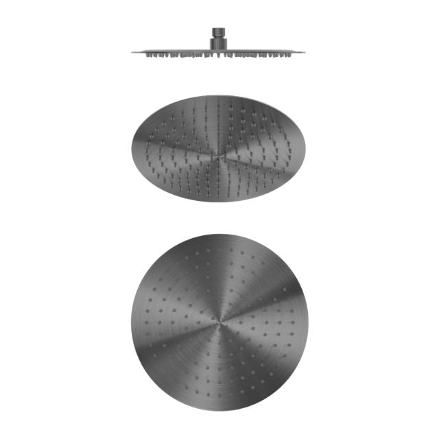 Nero Zen 300mm round shower head in graphite, shown front and side views, with sleek stainless steel finish