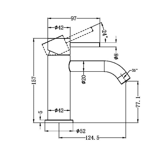 Technical drawing of Nero Zen basin mixer in brushed bronze, showing side view with dimensions and measurements.