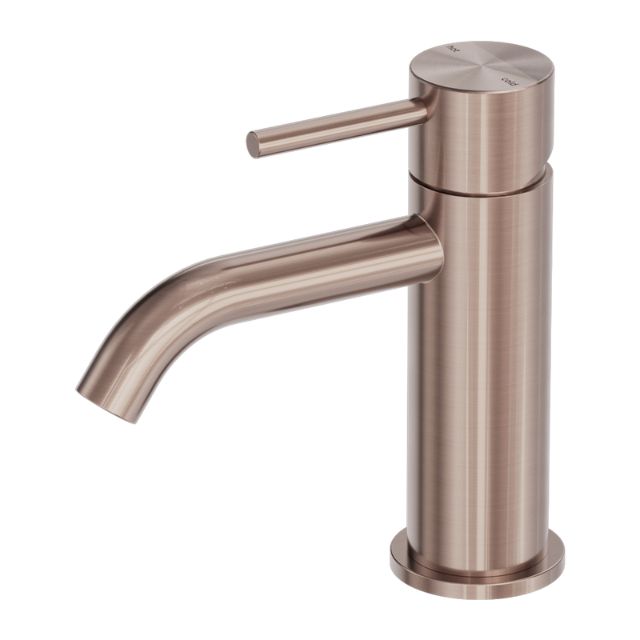 Nero Zen basin mixer tap in brushed bronze, round hob-mounted design with curved spout and slim lever handle