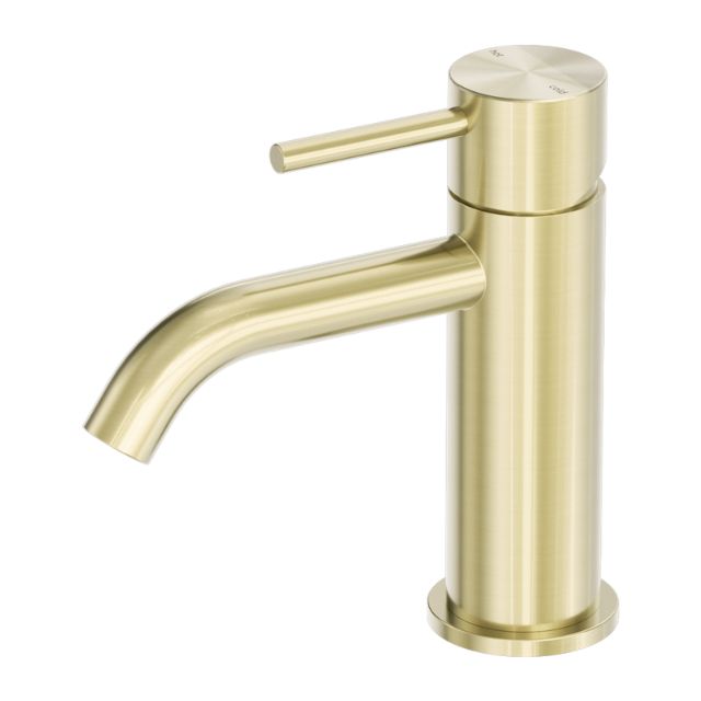 Nero Zen SS316L basin mixer in brushed gold, shown on white background with cylindrical lever handle and curved spout