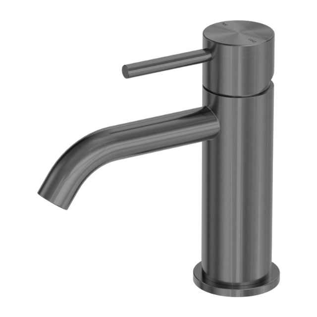 Nero Zen basin mixer in graphite, with curved spout and single lever handle, shown against a white background