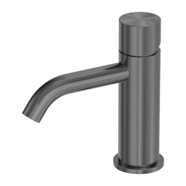 Nero Zen handless basin mixer tap in graphite, with cylindrical body and curved spout on a round base.