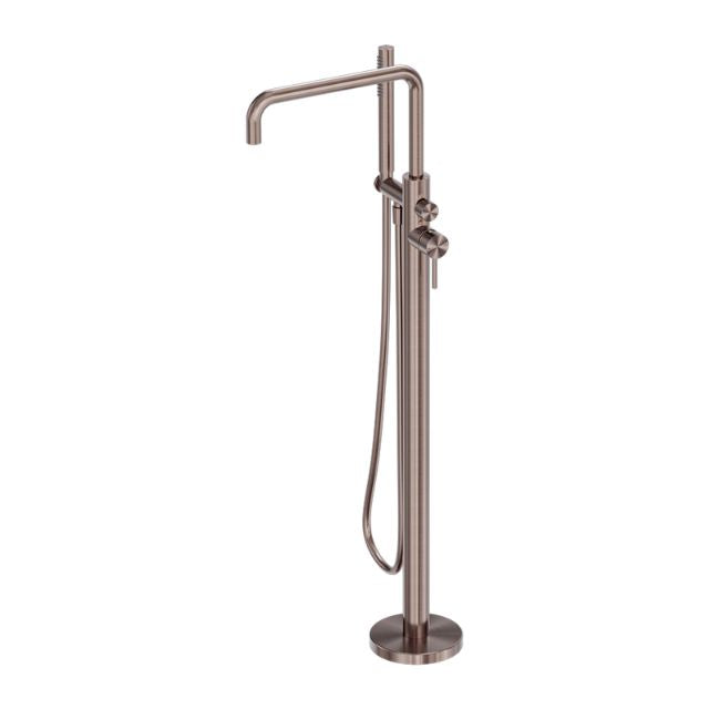 Nero Zen freestanding bath mixer in brushed bronze, floor-mounted tap with hand shower hose and round base