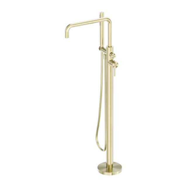 Nero Zen freestanding bath mixer in brushed gold, floor-mounted with curved spout, single handle and hand shower