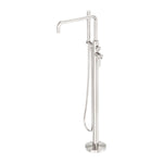 Nero Zen freestanding bath mixer in brushed nickel, floor-mounted with hand shower and hose