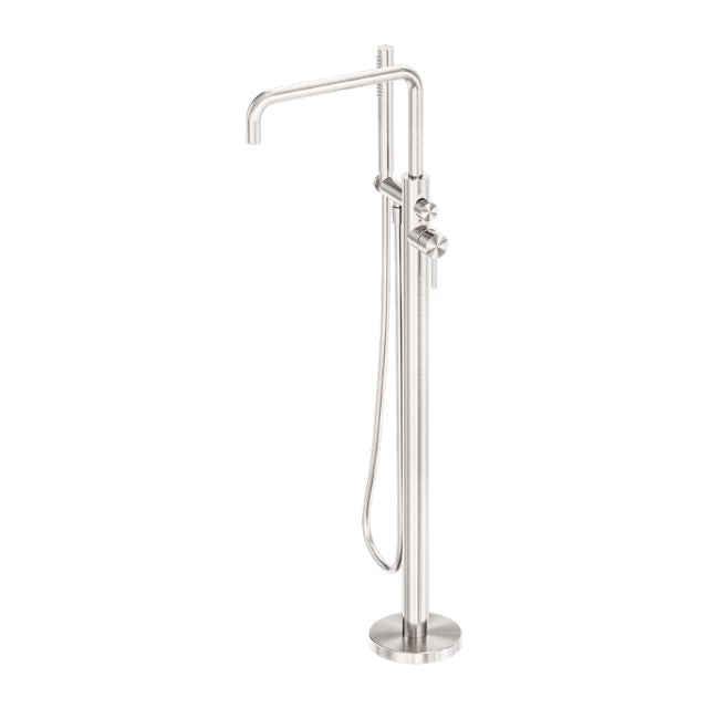 Nero Zen freestanding bath mixer in brushed nickel, floor-mounted with hand shower and hose