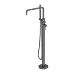 Nero Zen freestanding bath mixer in graphite, floor-mounted with curved spout and hand shower hose on round base