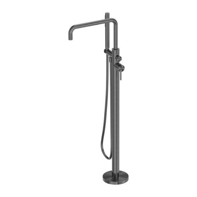 Nero Zen freestanding bath mixer in graphite, floor-mounted with curved spout and hand shower hose on round base