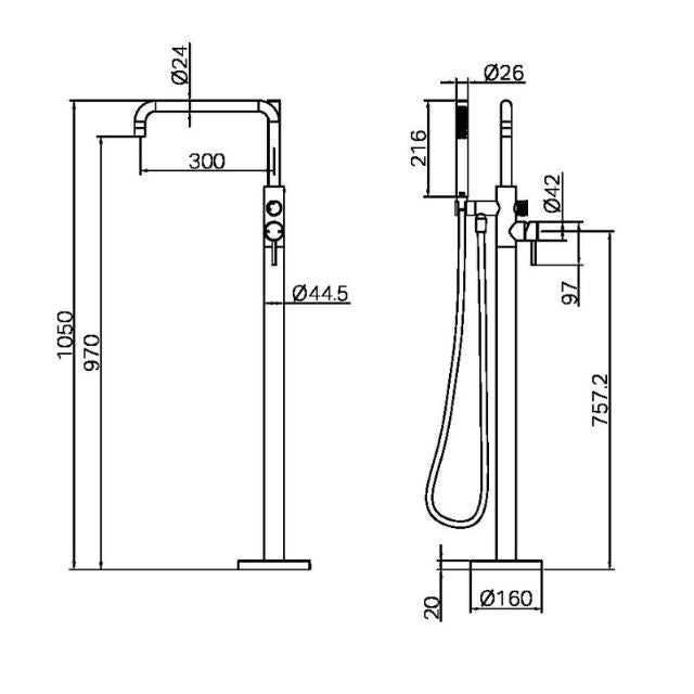 Technical drawing of Nero Zen freestanding bath mixer with outdoor shower hose, brushed bronze floor-mounted tap dimensions