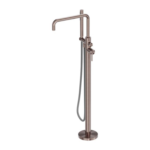 Nero Zen freestanding bath mixer tap in brushed bronze with handheld hose, floor mounted on round base