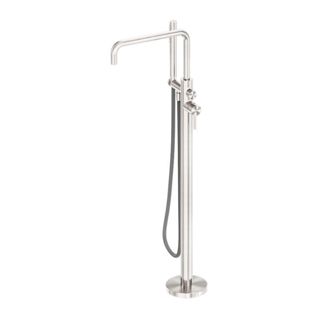 Nero Zen freestanding bath mixer with shower hose, brushed nickel finish, floor-mounted tap