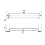 Nero Zen hand towel rail technical drawing, brushed bronze finish, 330mm length with concealed wall plates and 72mm projection