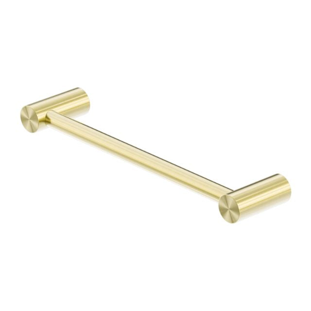 Nero Zen brushed gold hand towel rail with concealed wall mounts, shown on white background