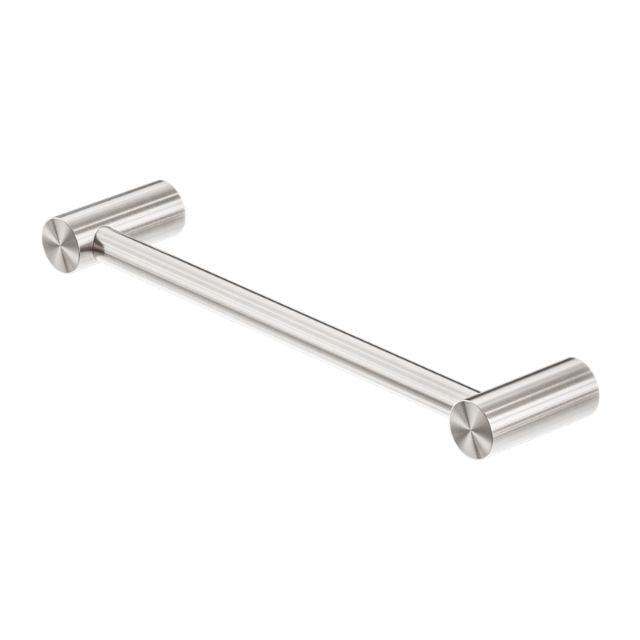 Nero Zen brushed nickel hand towel rail with round concealed wall mounts, stainless steel finish, on white background